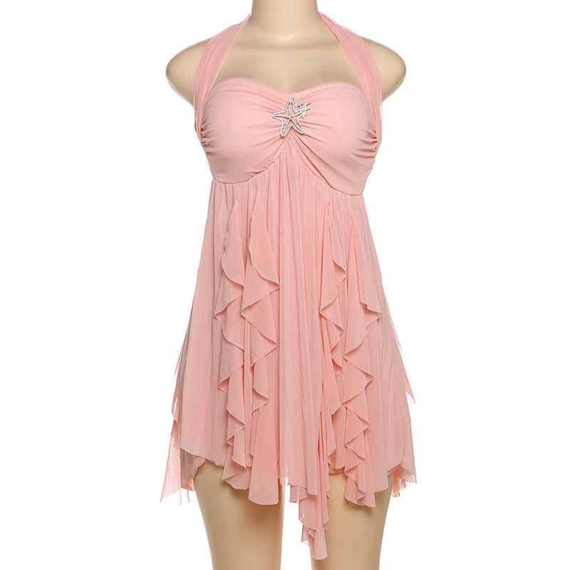 Summer Women's Sexy Halter Neck Low Back Asymmetrical Short Dress 34