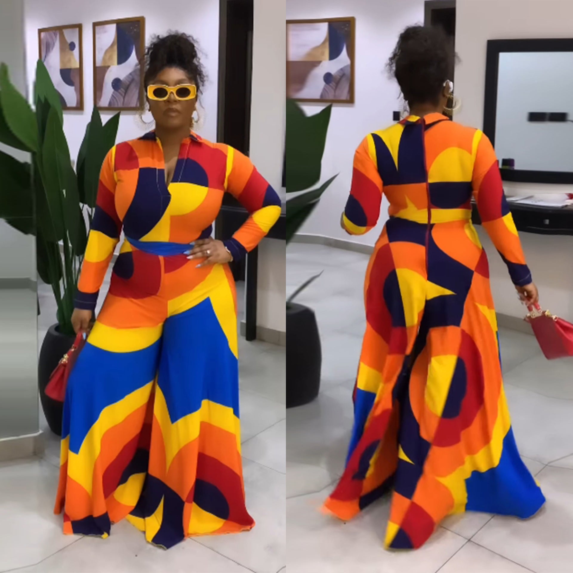 Sexy Slim Deep V Printed Wide Leg Turndown Collar Slim Waist Long Sleeve Jumpsuit 3