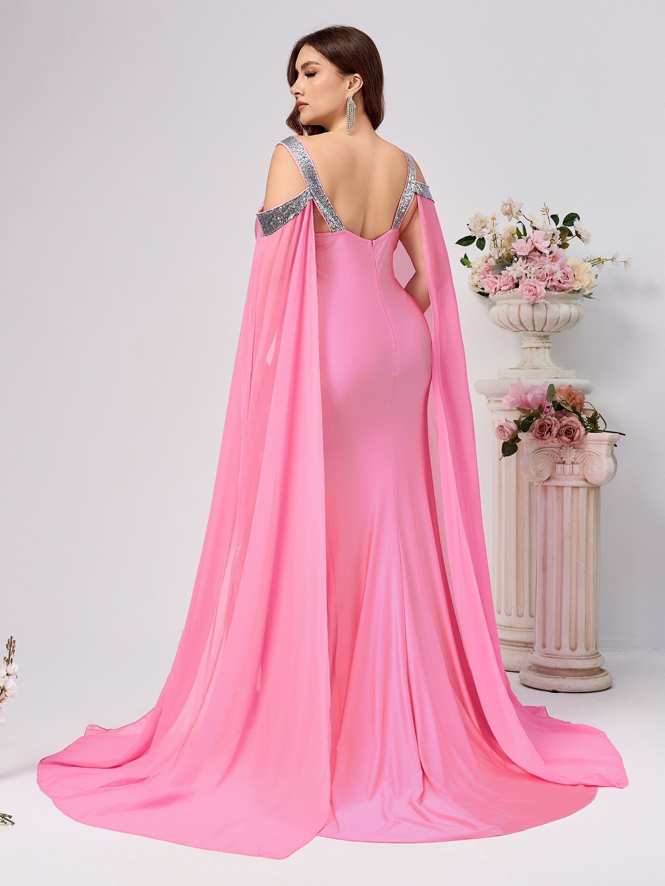 Plus Size Women Suspender Sequin Solid Trailing Evening Dress 3