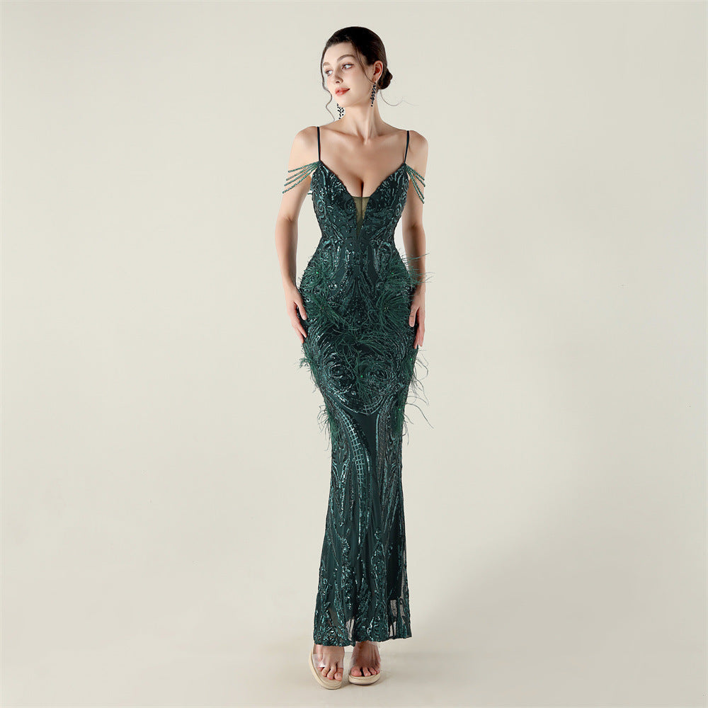 Women Beaded Feather Decoration Beaded Fishtail Evening Dress 8