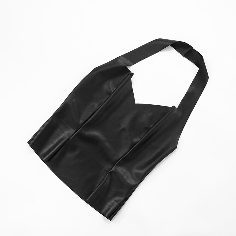 Women Sexy Solid Pu-Leather Halter Neck Backless Top and Pants Two-Piece Set 28