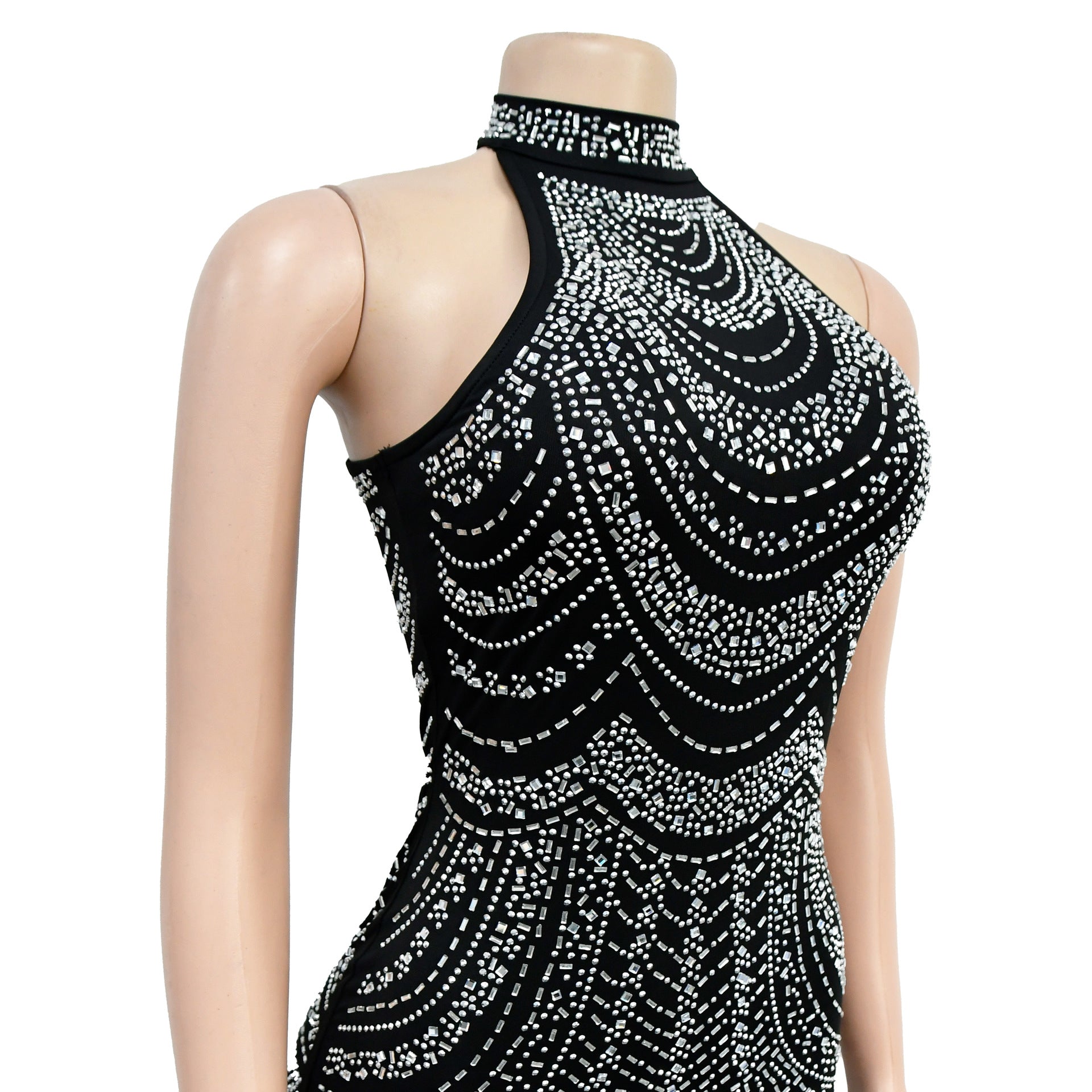 Fashion Ladies Solid Color Beaded Sleeveless Halter Neck Dress Women 19