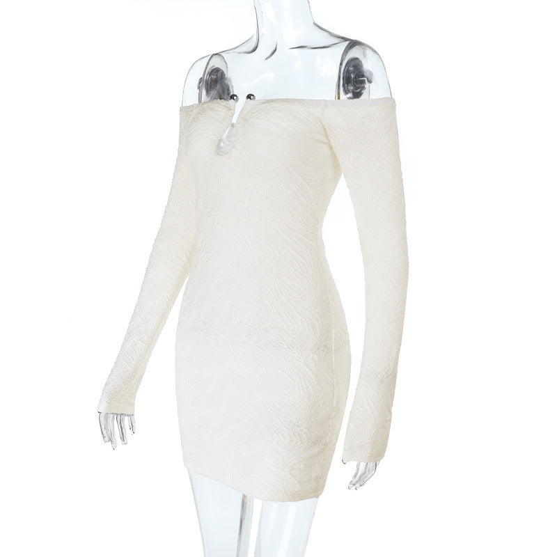 Women Sexy U-Button Off-Shoulder Long Sleeve Bodycon Dress 7