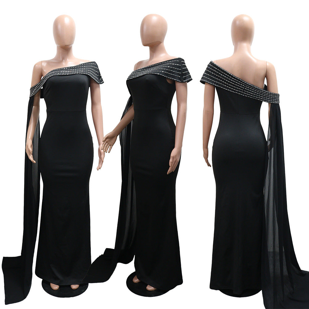 Women's Slash Shoulder Beaded Sexy Slim Fit Long Dress 11