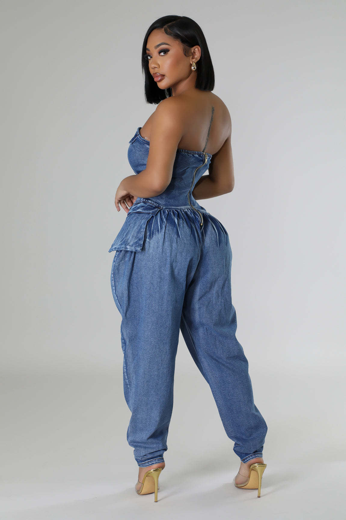 Women Strapless Stretch Denim Jumpsuit 5