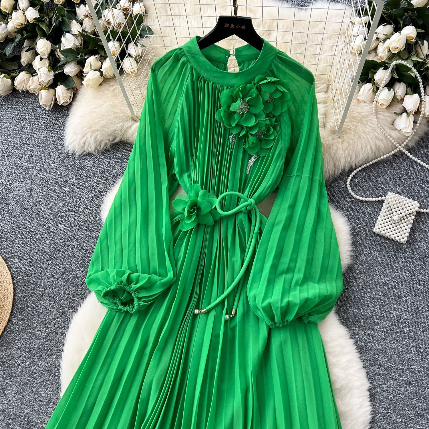 Elegant Women's Luxury Beaded Flower Belt Slim Waist Pleated Long Dress 22