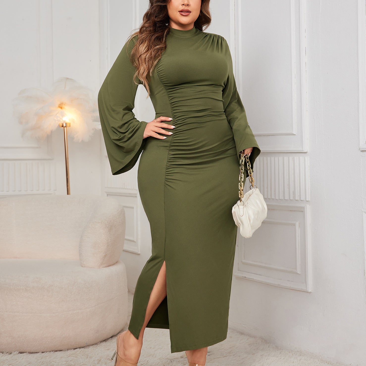 Plus Size Women Solid Turtleneck Slit Dress 5