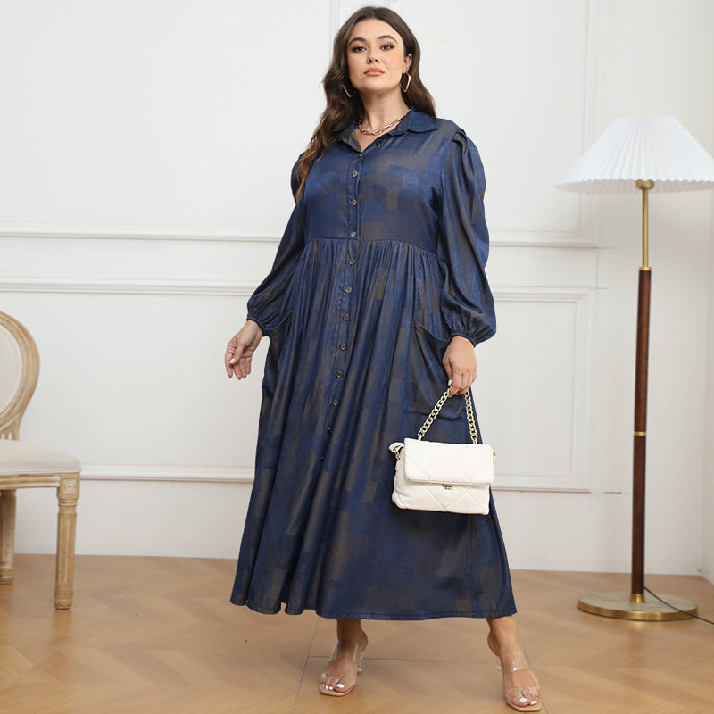Plus Size Women Button Turndown Collar Long Sleeve Maxi Dress 5