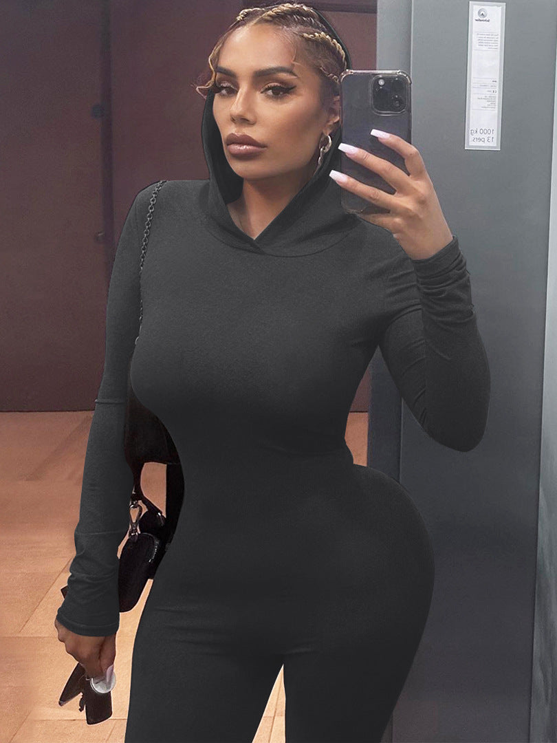 Women Winter Solid Long Sleeve Hooded Backless Sports Jumpsuit 5