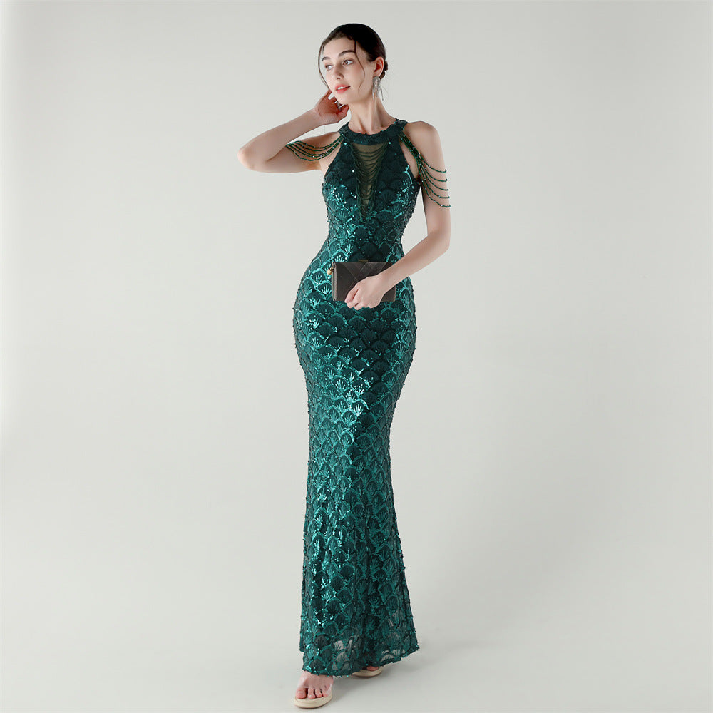 Elegant Chain-Decorated Fishtail Sequin Evening Dress for Formal Ceremonies 7