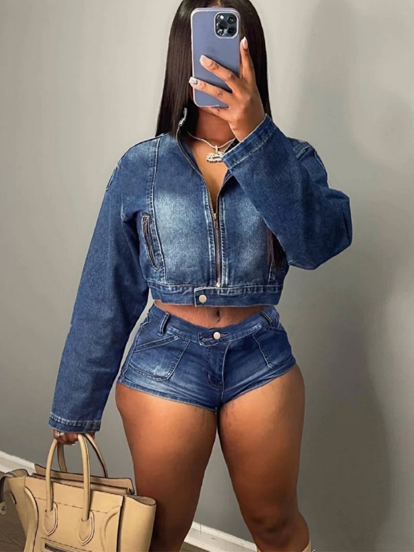 Women Denim Jacket and Shorts Two-Piece Set 6