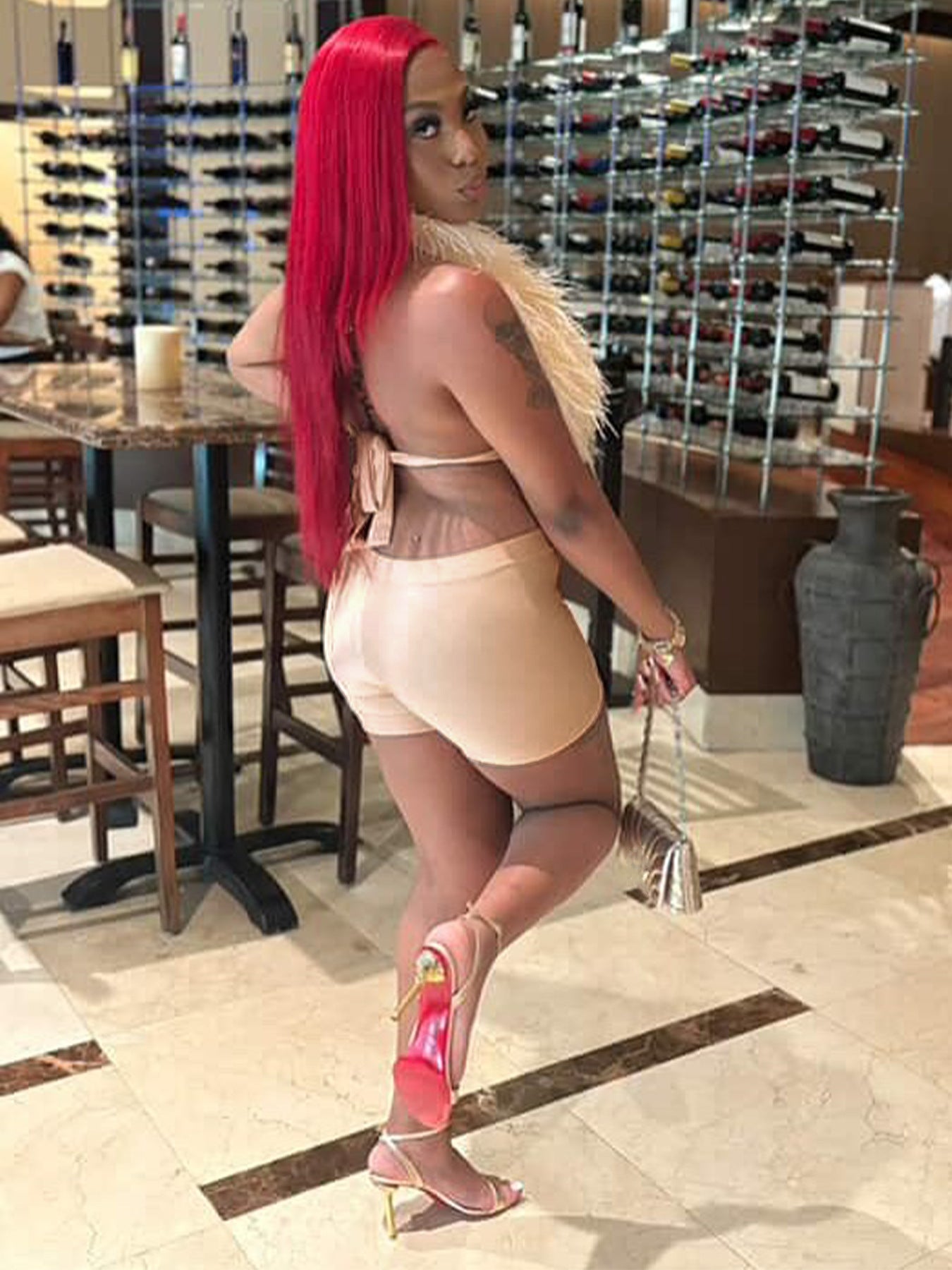 Women sexy nightclub Halter Neck Lace-Up Feather Top and Shorts two-piece set 22