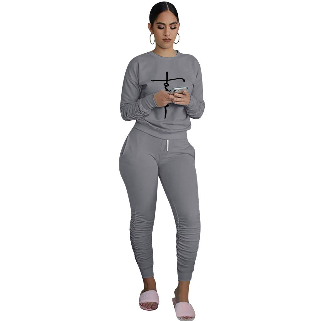 Women'S Print Solid Color Long Sleeve Round Neck Top And Ruched Pants Set Two-Piece Set 8