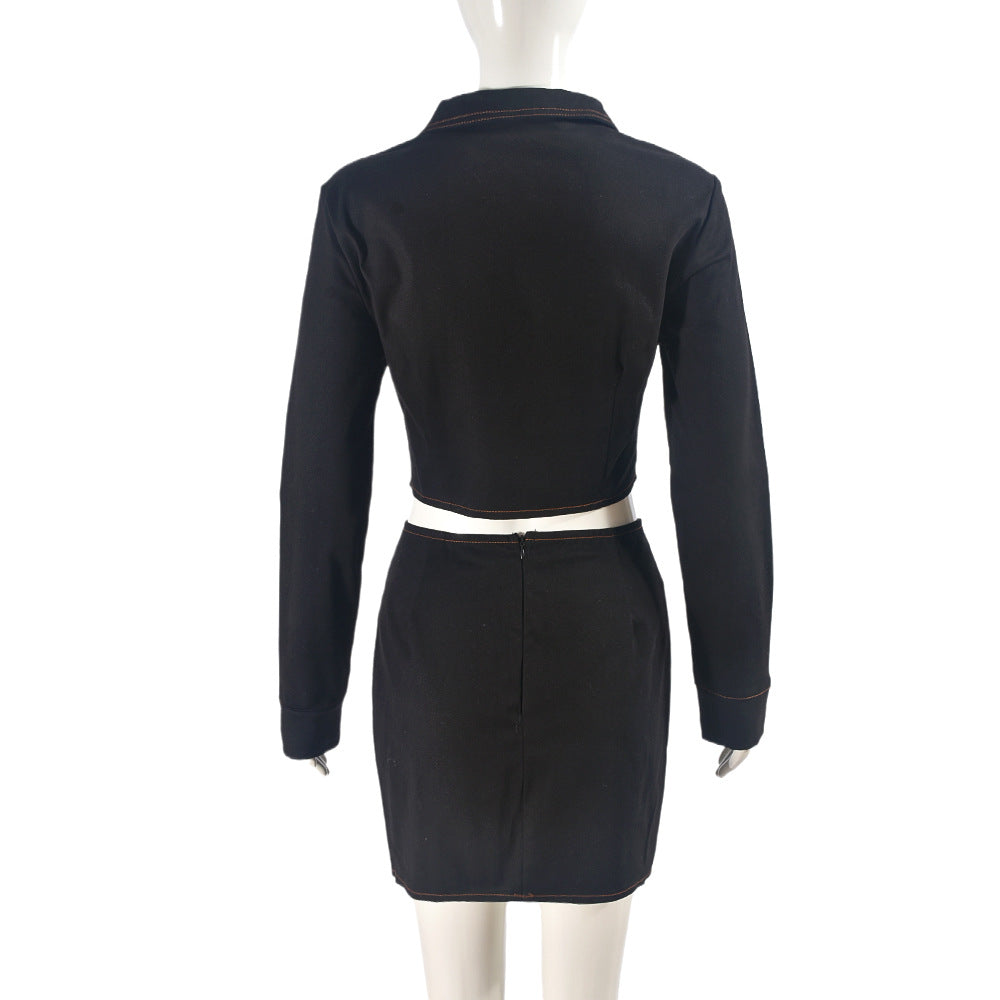 Spring Autumn Solid Color Long Sleeve Two Piece Skirt Set Casual Women's Clothing 9