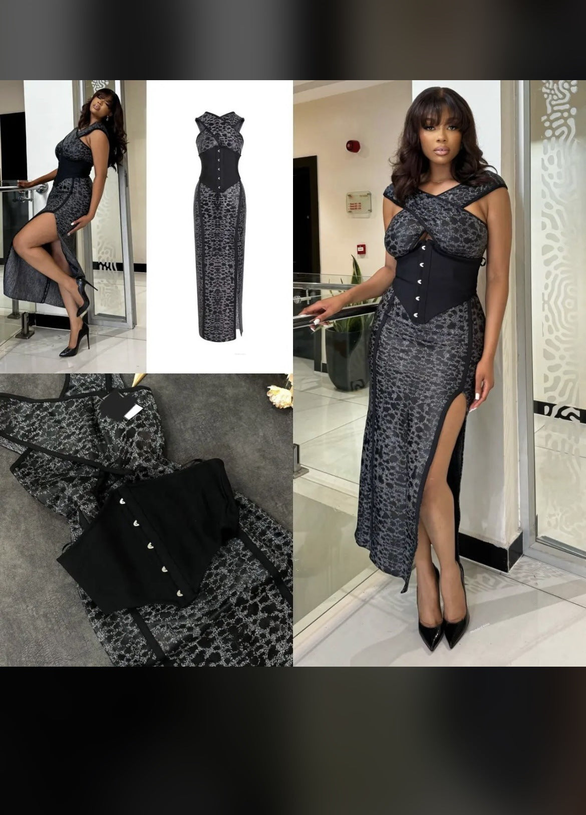 Women Printed Sexy Hollow Slit Bodycon Dress 3