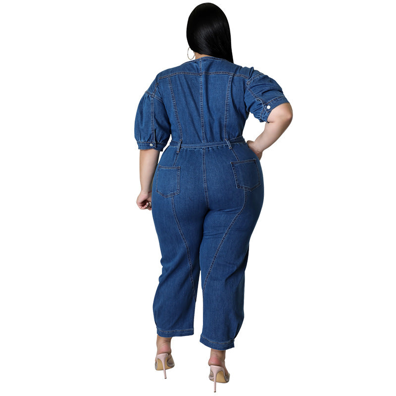 Plus Size Women summer short-sleeved zipper Denim Jumpsuit 7