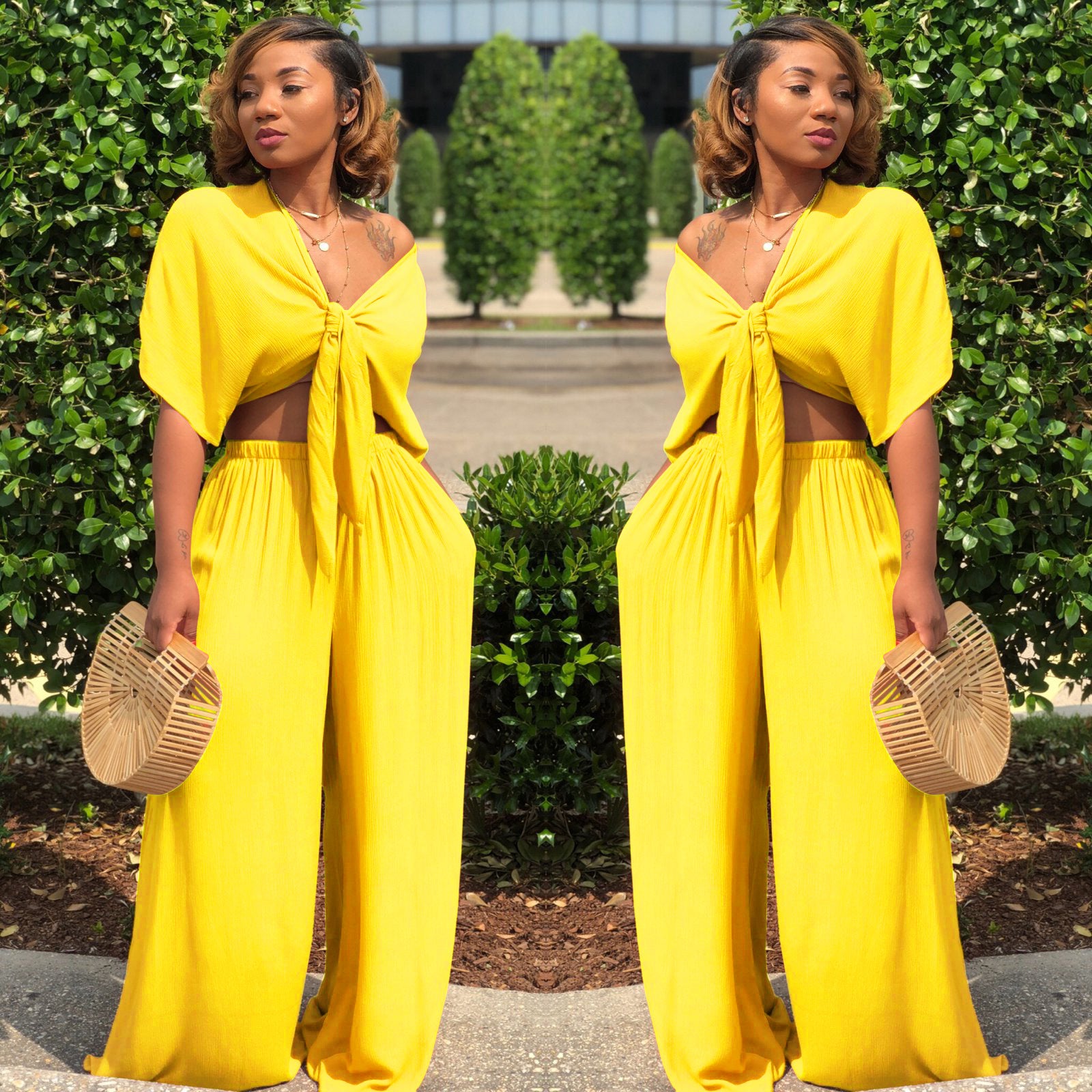 Women's Deep V Lace-Up Top Wide-Leg Pants Set 4