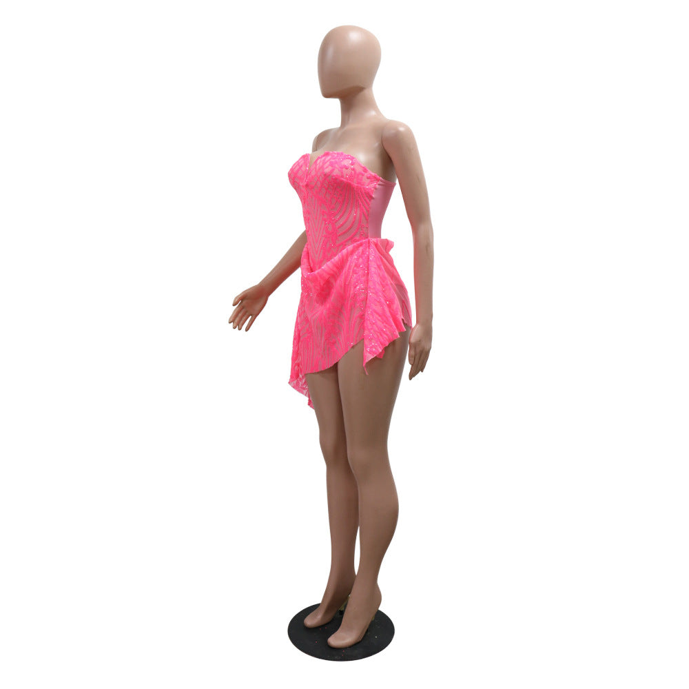 Women Sexy V-Neck Strapless See-Through Sequined Irregular Mini Dress 9
