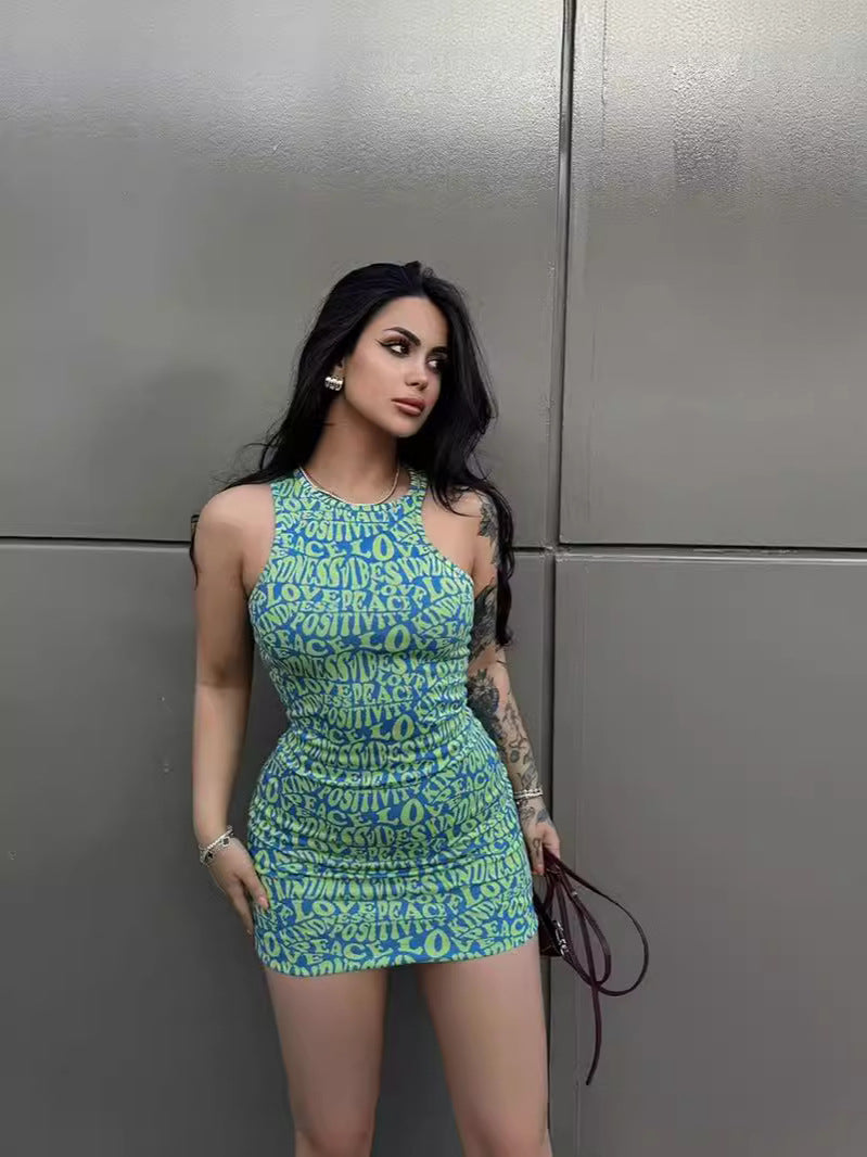 Women Sexy Summer Letter Print Round Neck Sleeveless Bodycon Dress 3
