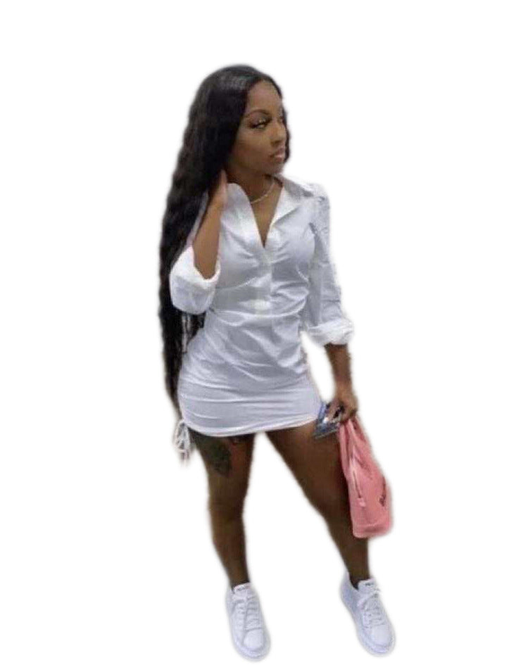 Ladies Solid Deep V Shirt Dress 3