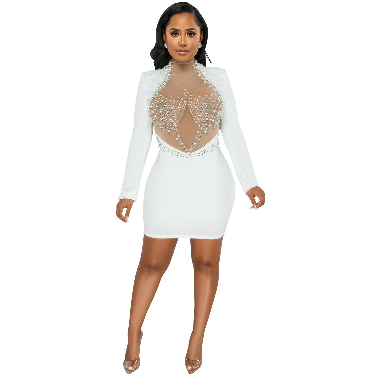 Fashion Sexy Nightclub Beaded Mesh See-Through Bubble Beads Low Back Long Sleeve Mid Skirt Dress Women 11