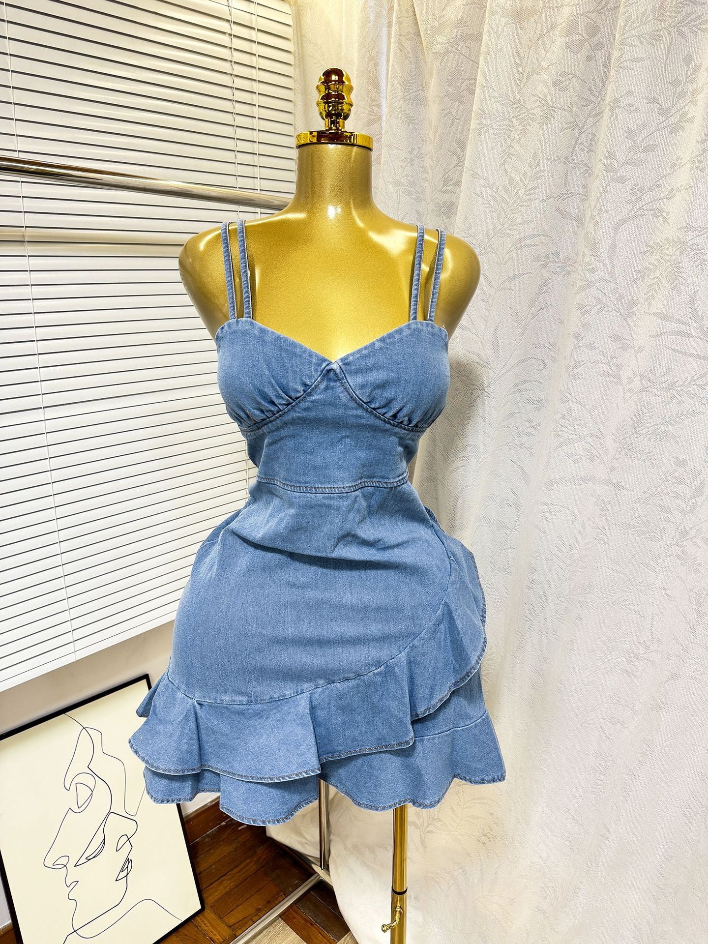 Women's Summer Elastic Slim Waist Sexy Denim Strap Ruffled Bodycon Short Dress