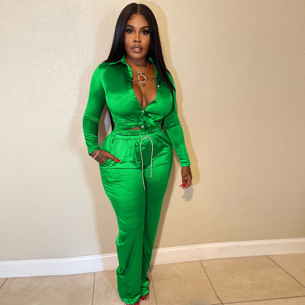 Fashion Stretch Solid Satin Long Sleeve Casual Two Piece Pants Set 5