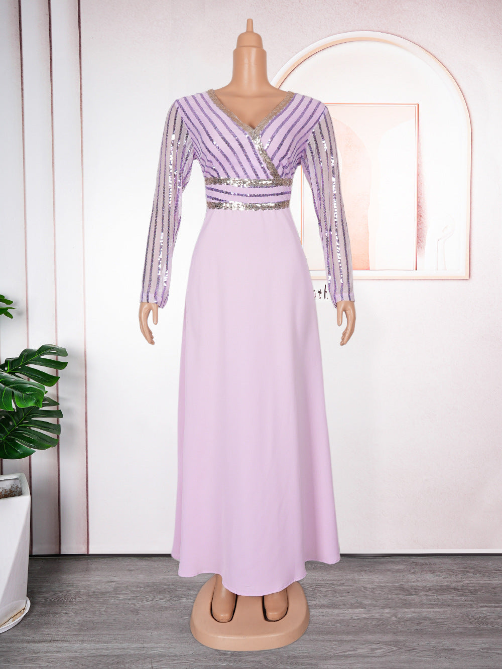 Plus Size African Women Autumn Lace Patchwork Sequins Dress 8