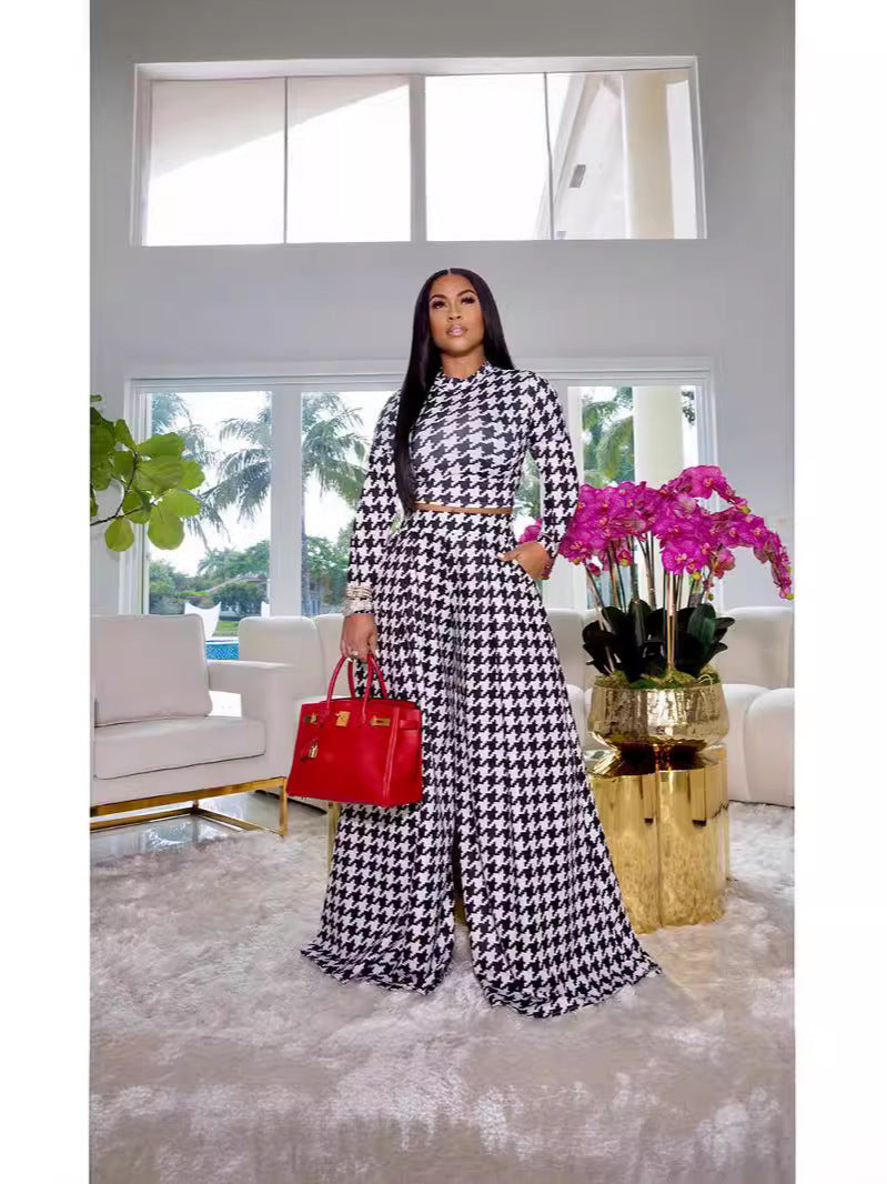Women's Plaid Print Round Neck Long Sleeve Women's Casual Two Piece Pants Set 5