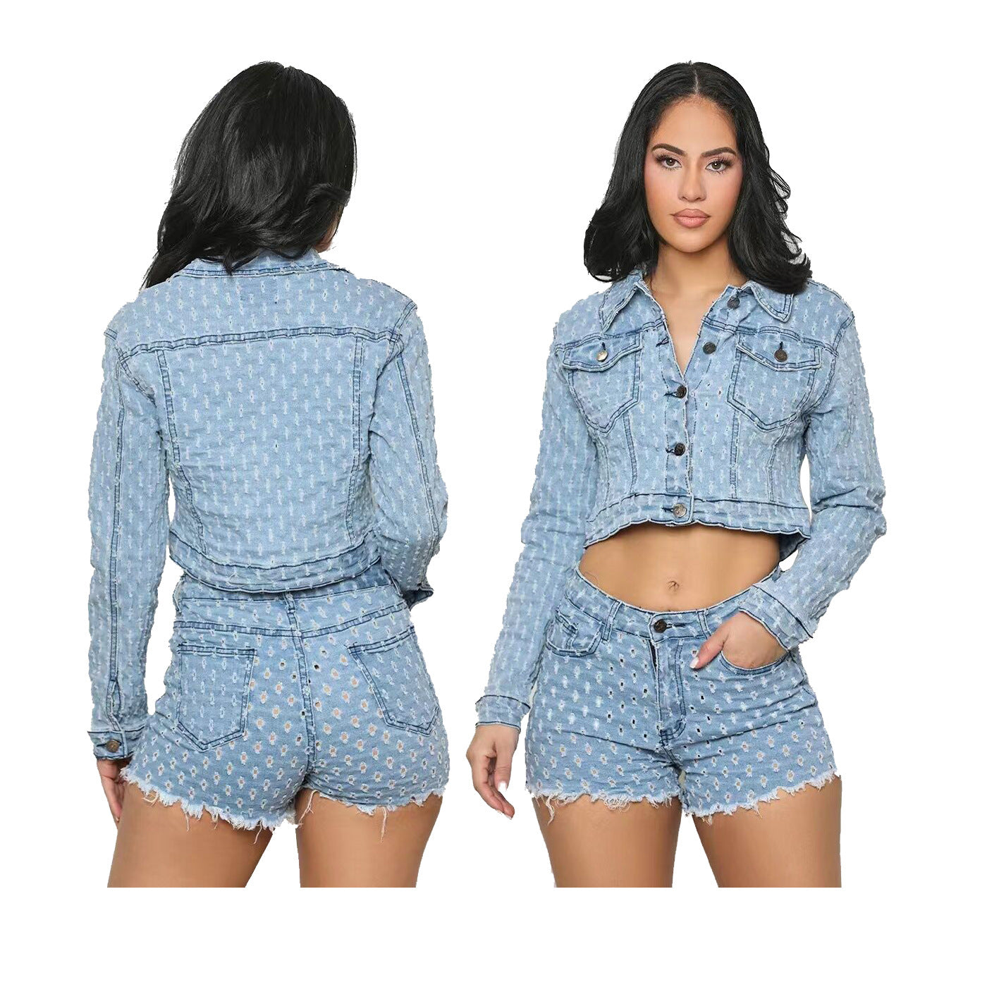 Women Casual Ripped Denim Top and Shorts Set 7