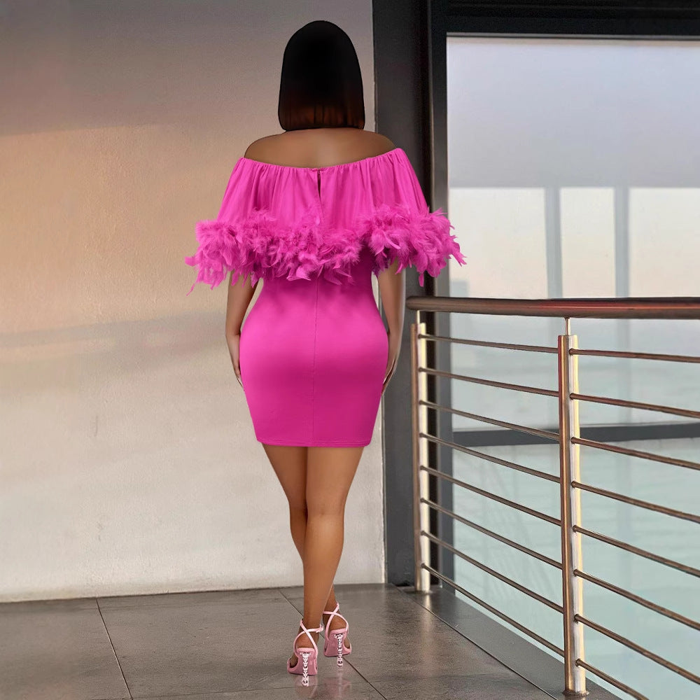 Sexy Off Shoulder Feather Elastic Bodycon Slim Dress 4
