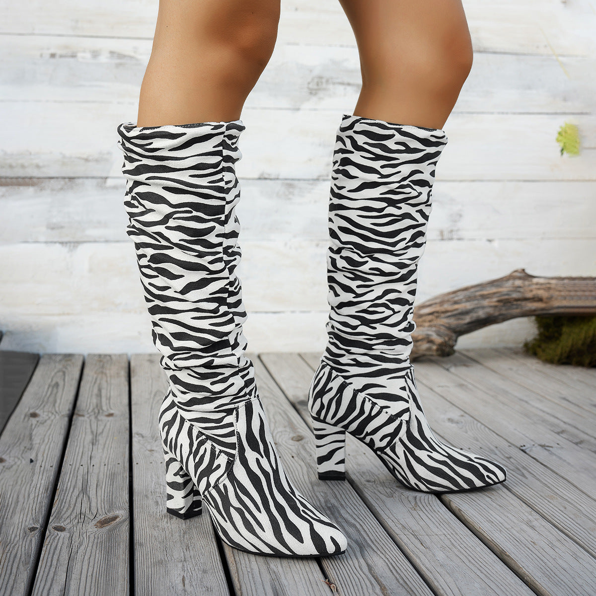 Zebra Print Block Heel Knee High Boots Plus Size High Heel Trendy Boots 6