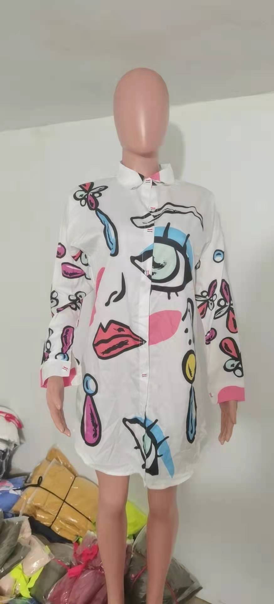 Summer TurndownCollar Print Human Head Long Sleeve Irregular Shirt 13