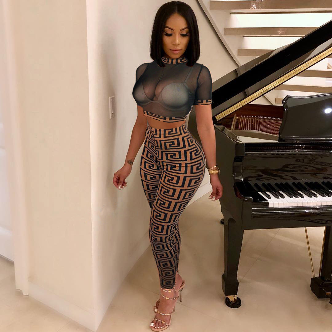 Women summer sexy mesh See-Through Top and Pant two-piece set 3