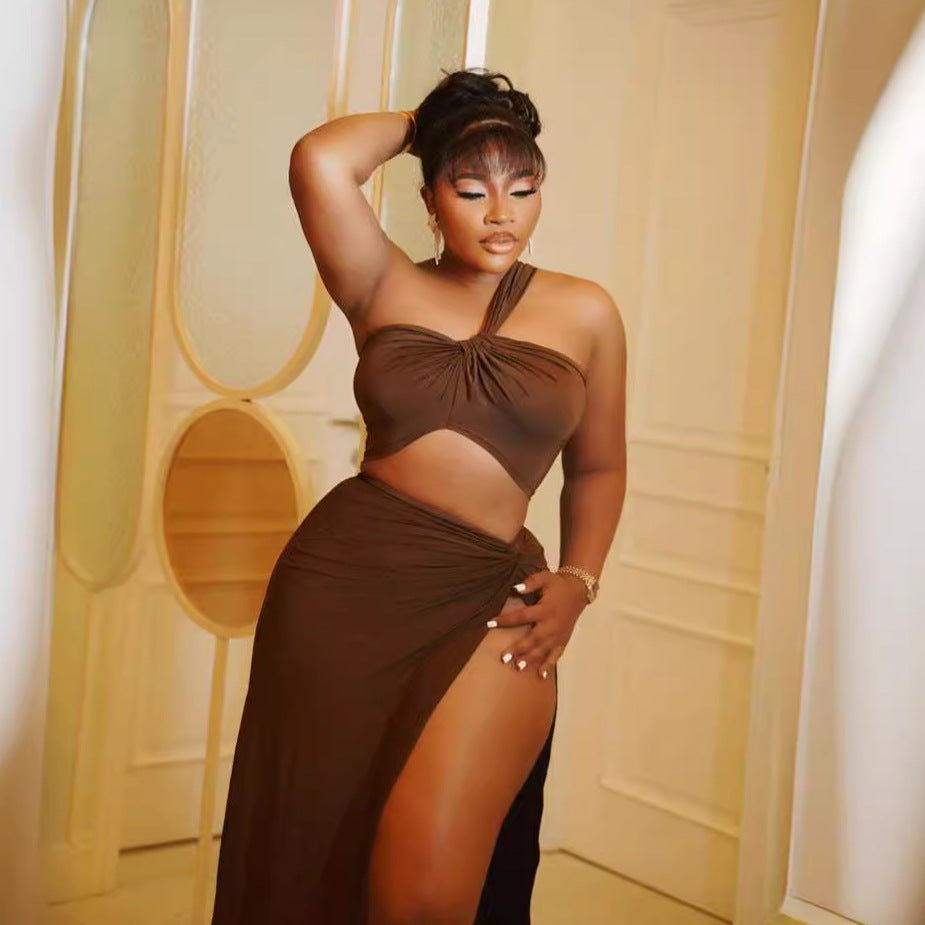 Women Solid Slash Shoulder Crop Top and Slit Skirt two-piece set 3