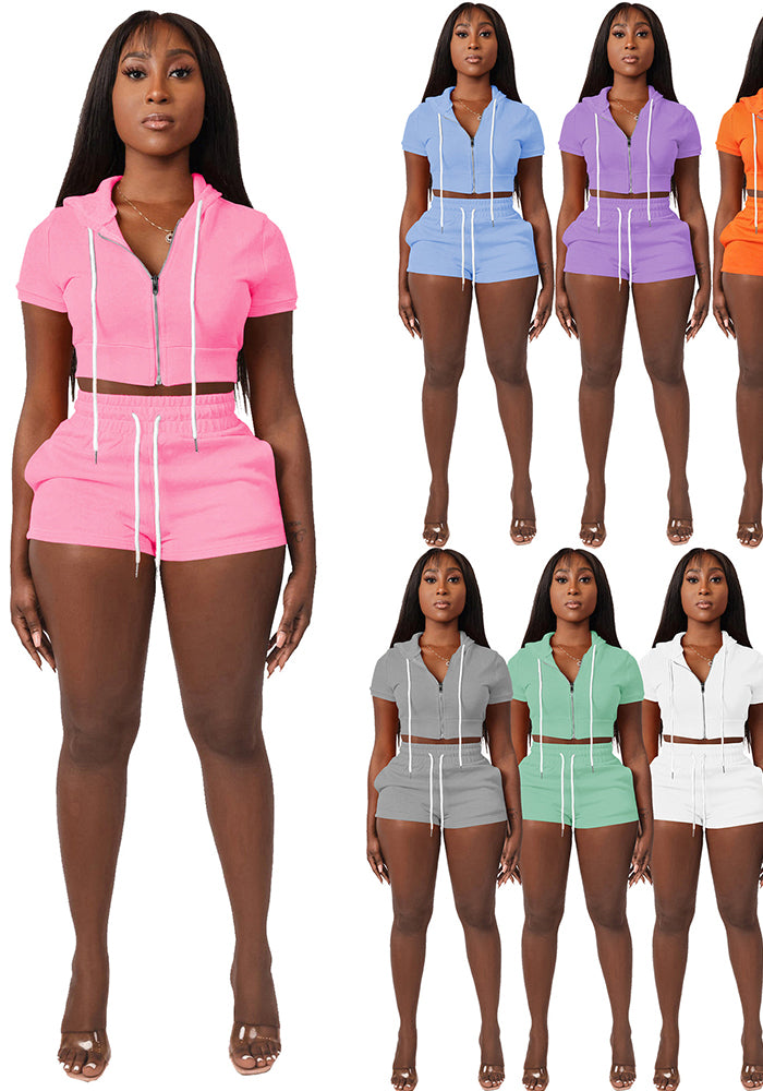 Women zipper Solid hooded Crop Top and Shorts two-piece set