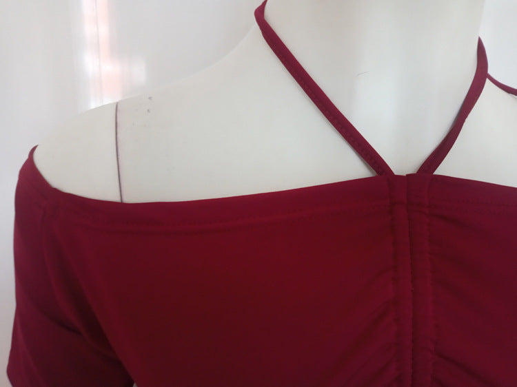 Women Off Shoulder Halter Neck Drawstring Pleated Bodycon Dress 14