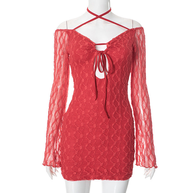 Women Spring Sexy Lace Hollow Tie Bodycon Dress 5