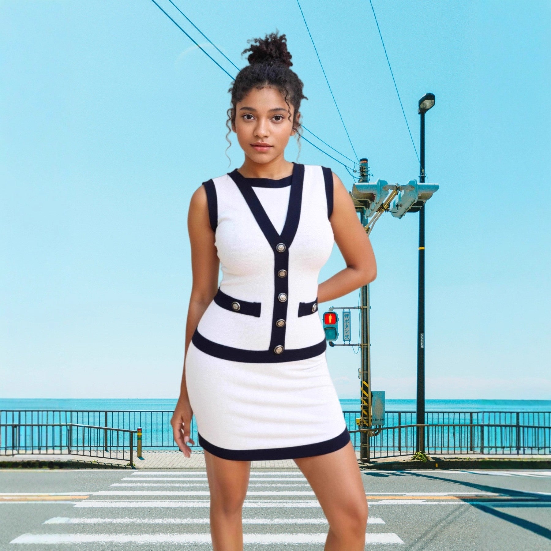 Women elegant button-down colorblock sleeveless single-breasted knitting dress 7