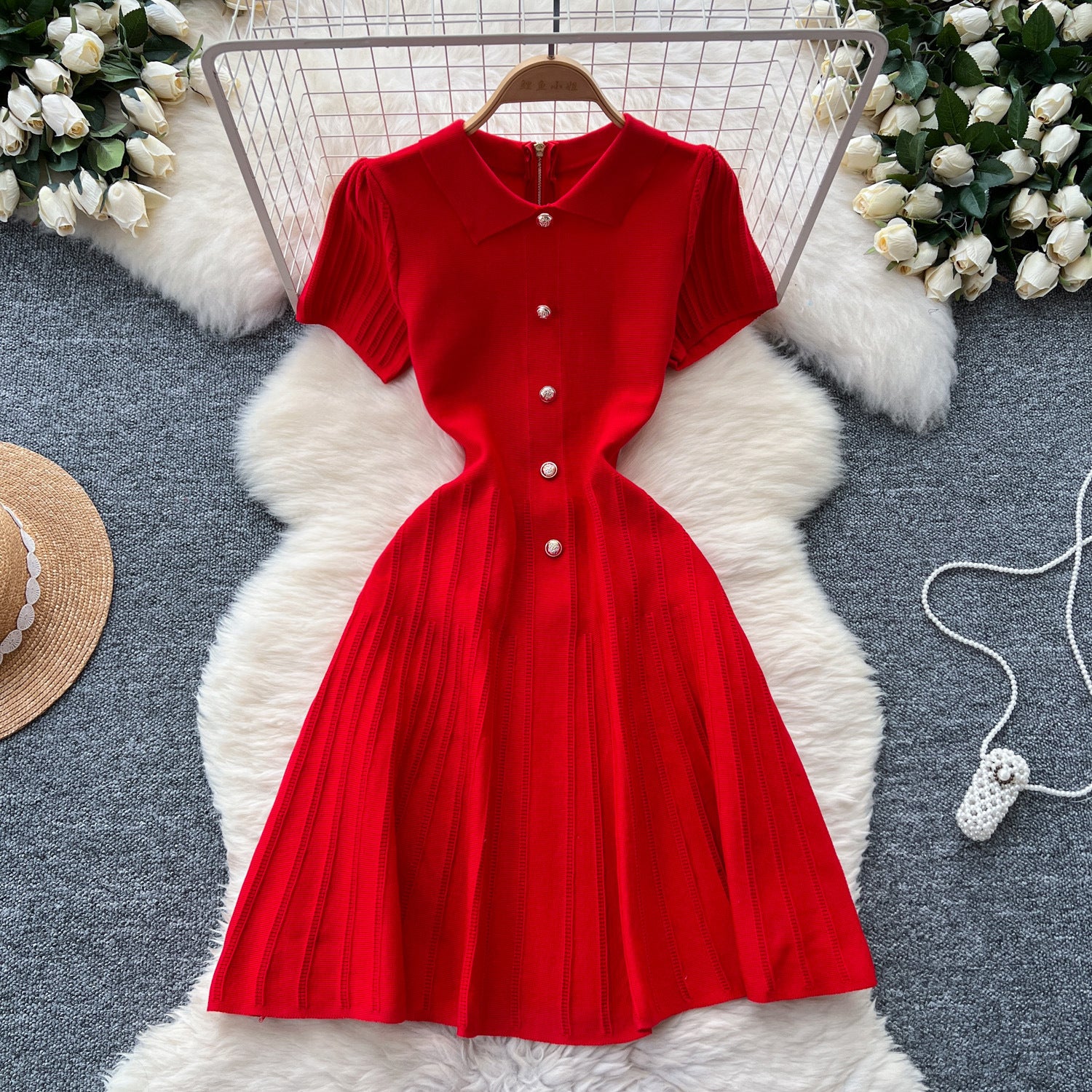 Women French Retro Turndown Collar Short Sleeve Sweater Dress