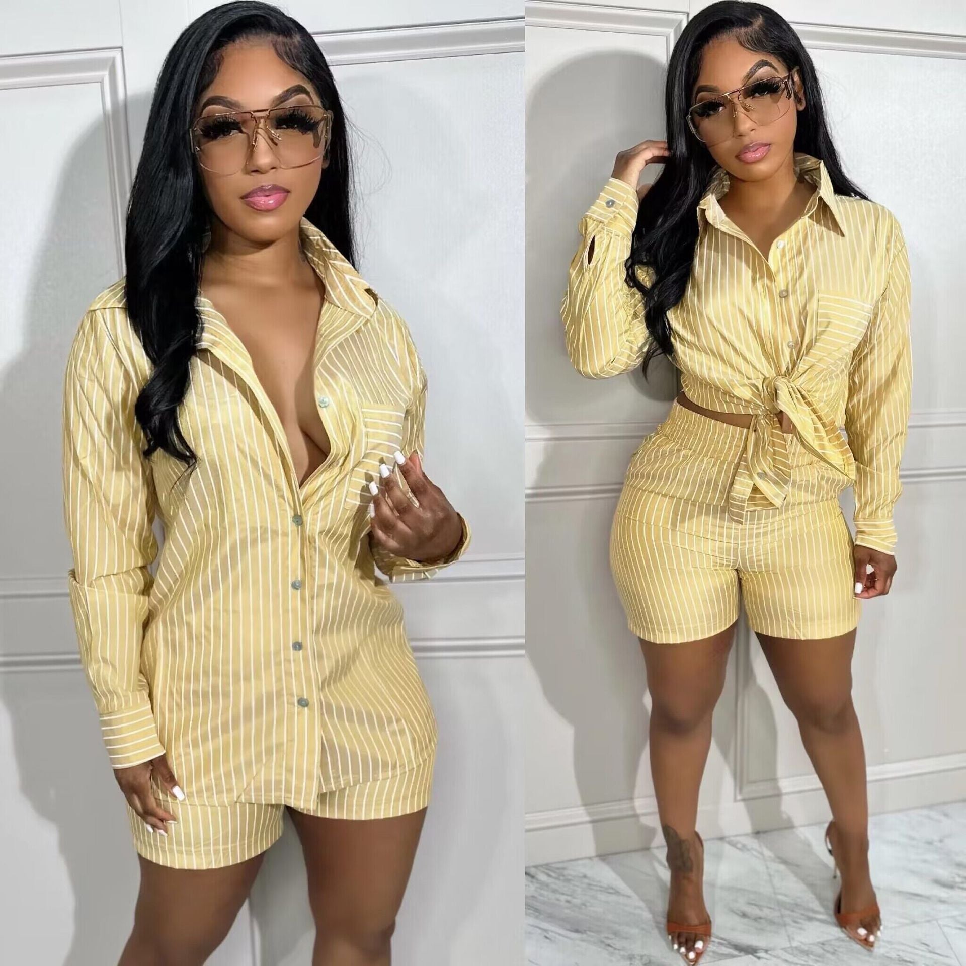 Women's Fashion Casual Stripe Patch Pocket Summer Shirt Shorts Two-Piece Set 3