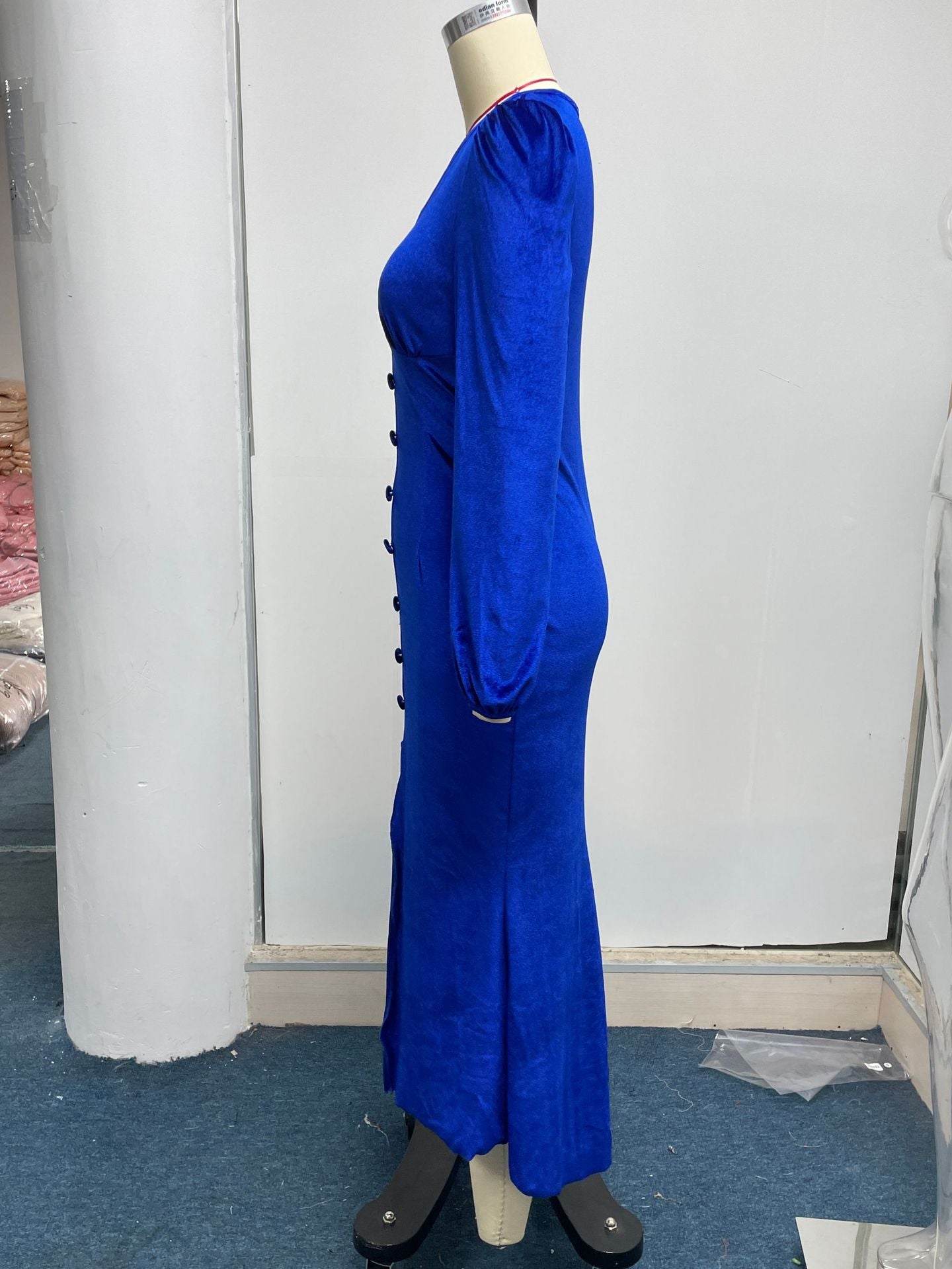 Women Autumn Knittingv Collar Solid Padded Shoulder Long Sleeve Slit Evening Dress 24