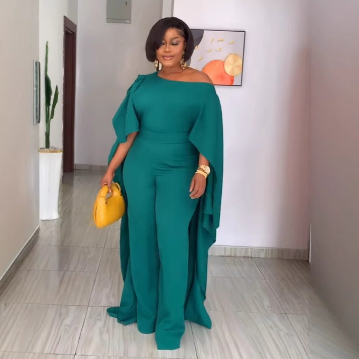 Women Solid Slash Shoulder Wide Leg Jumpsuit 3