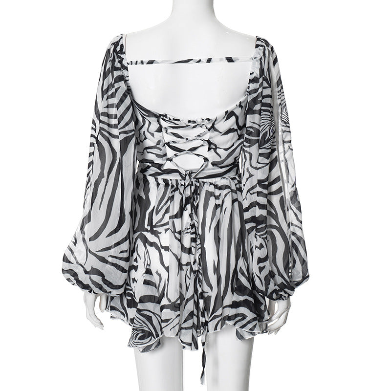 Women Summer Solid Casual Mesh Long Sleeve Lace-Up Backless Mini Dress 18