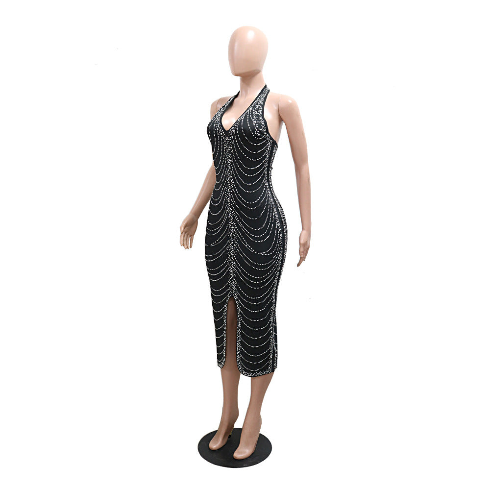 Women Beaded Sexy Backless Slit Dress 6
