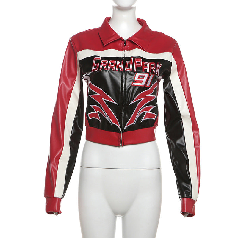 Women Embroidered Turndown Collar Zipper Crop Jacket 8