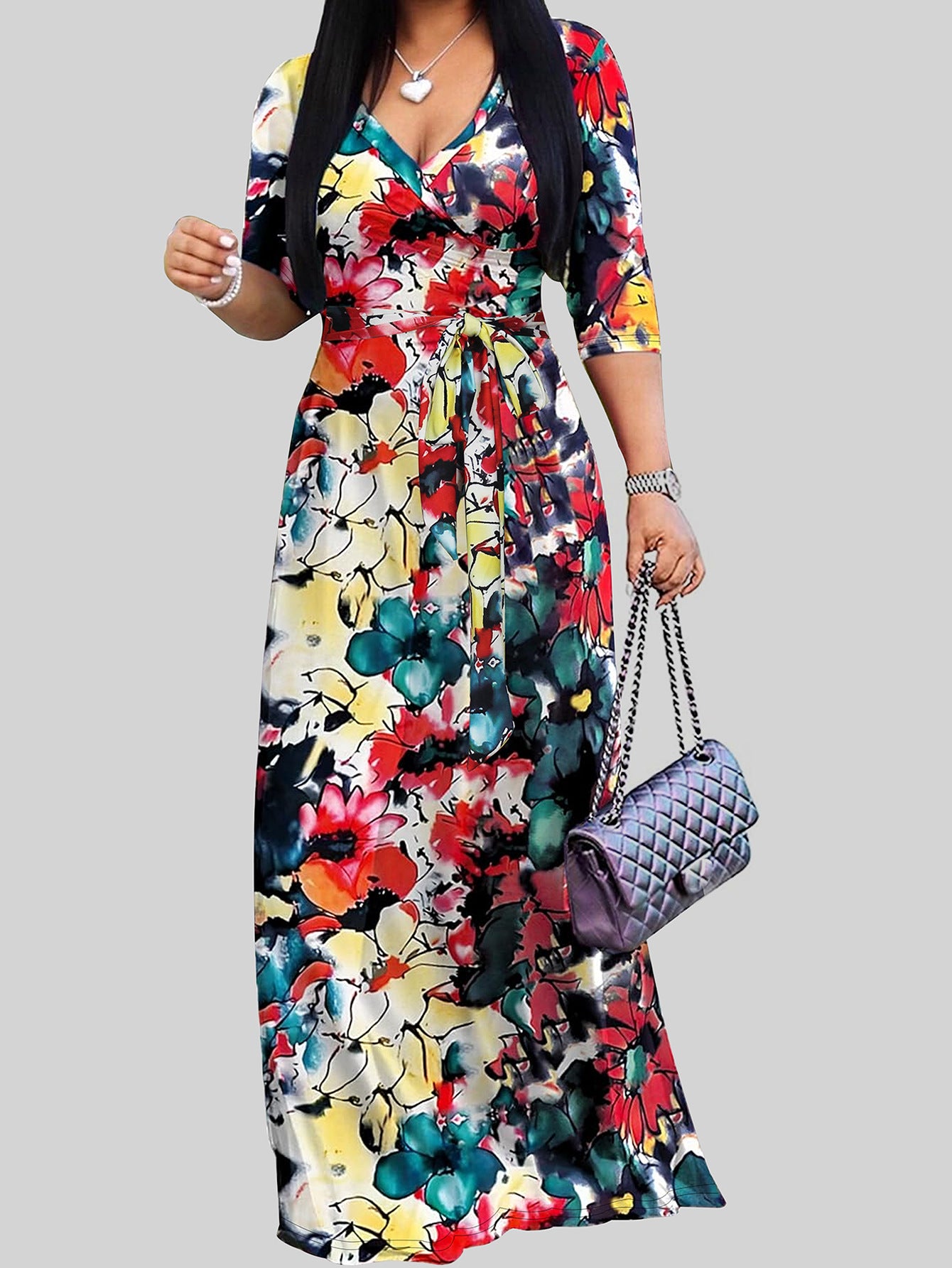 Spring & Autumn Women's Fashion Elegant Wrap V-Neck Half-Sleeve Print Belt Maxi Dress 28