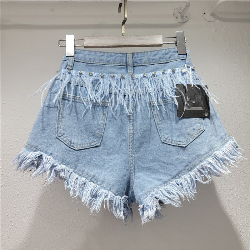 Women Summer Diamond Ostrich Feather Tassel Denim Shorts 5