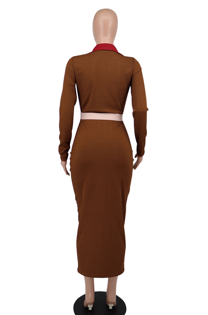 Women Fall Long Sleeve Contrast Belt Dress 9