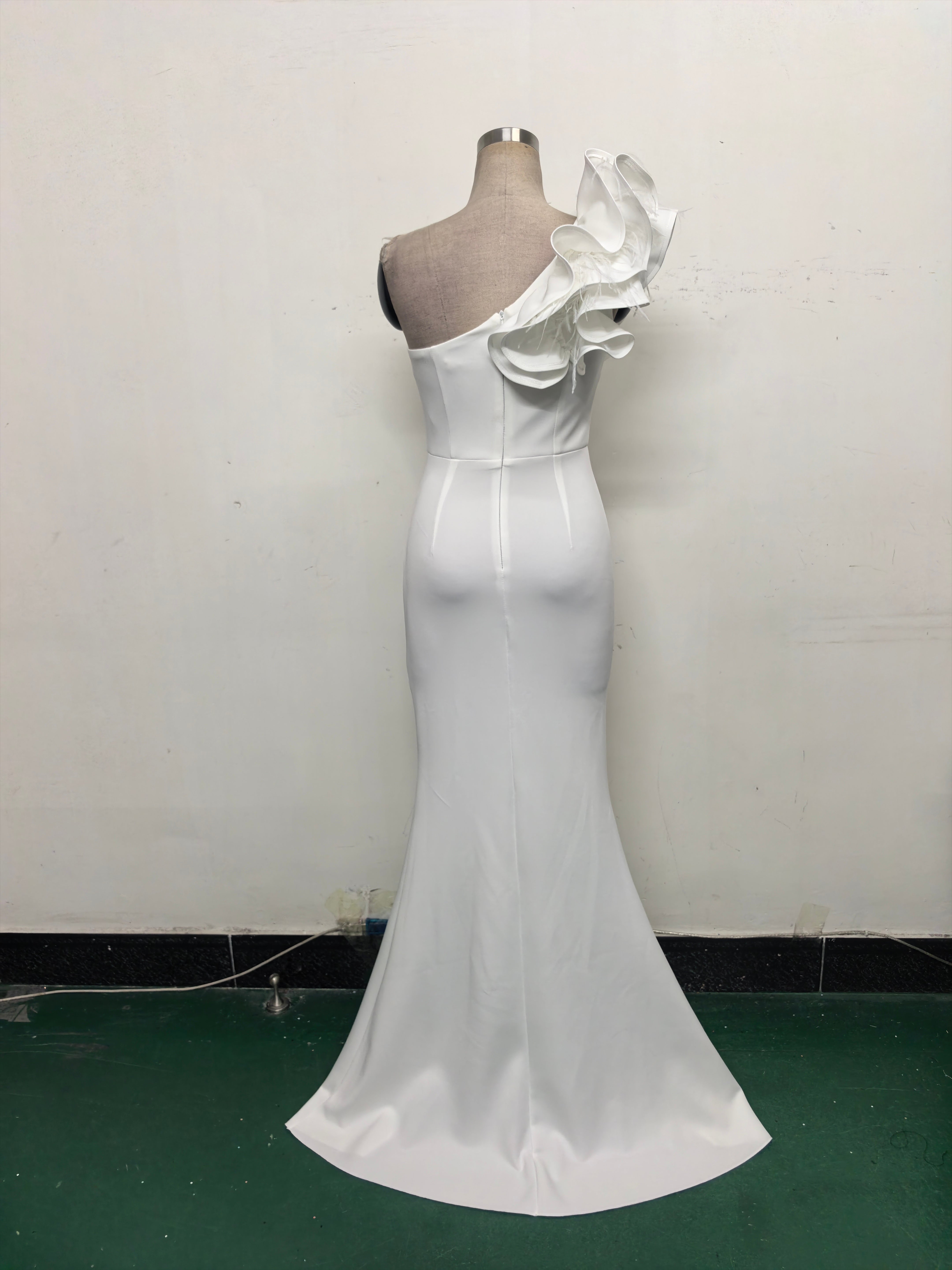 Women One-Shoulder Beaded Wool and Floral Satin Slit Sexy Evening Dress 38